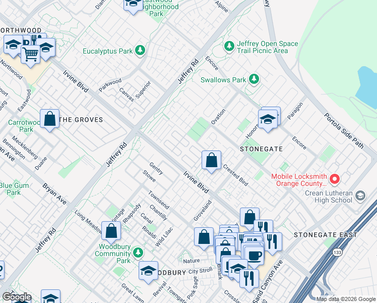 map of restaurants, bars, coffee shops, grocery stores, and more near 137 Overbrook in Irvine