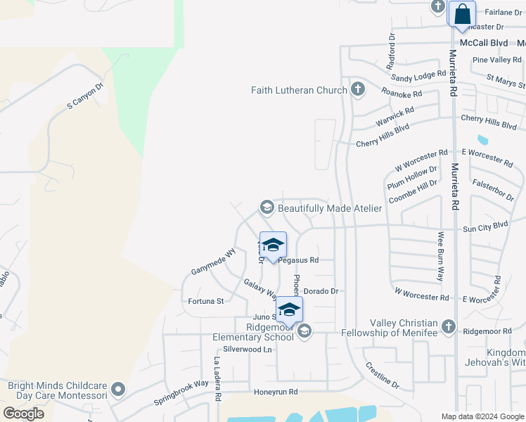 map of restaurants, bars, coffee shops, grocery stores, and more near 28540 Eridanus Drive in Menifee