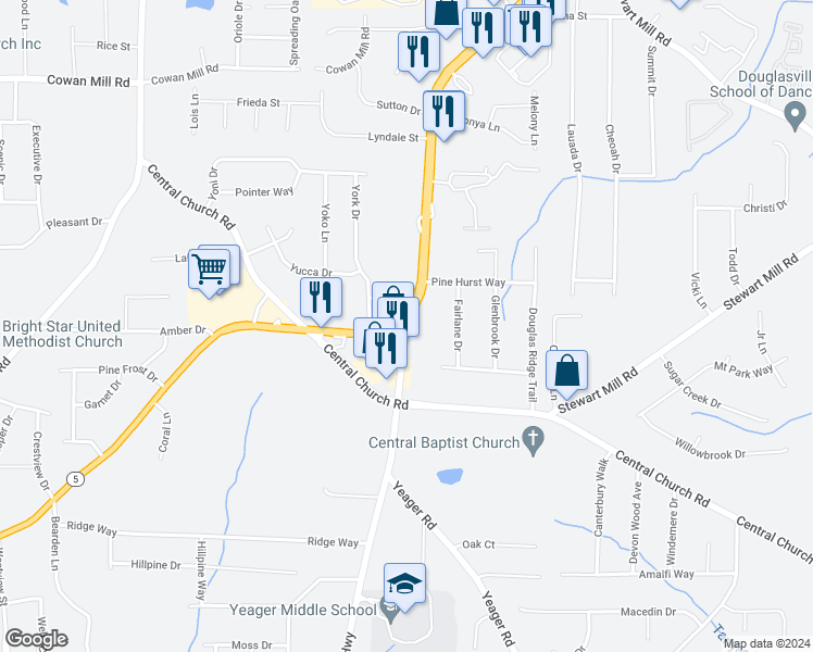 map of restaurants, bars, coffee shops, grocery stores, and more near Highway 5 in Douglasville