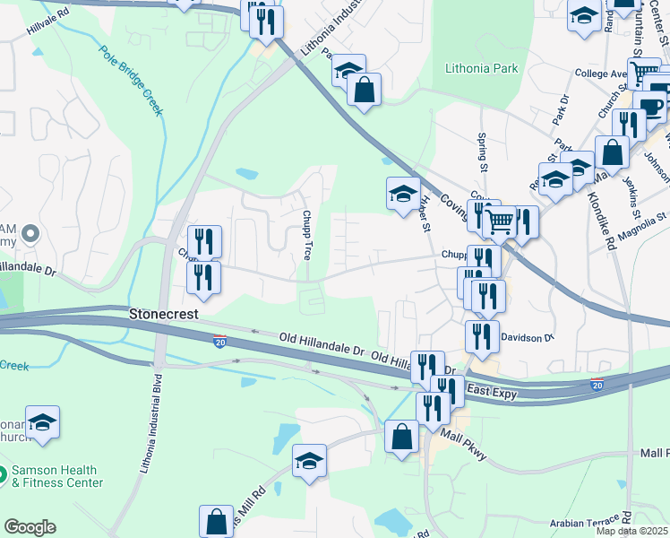 map of restaurants, bars, coffee shops, grocery stores, and more near 2747 Evans Mill Drive in Lithonia