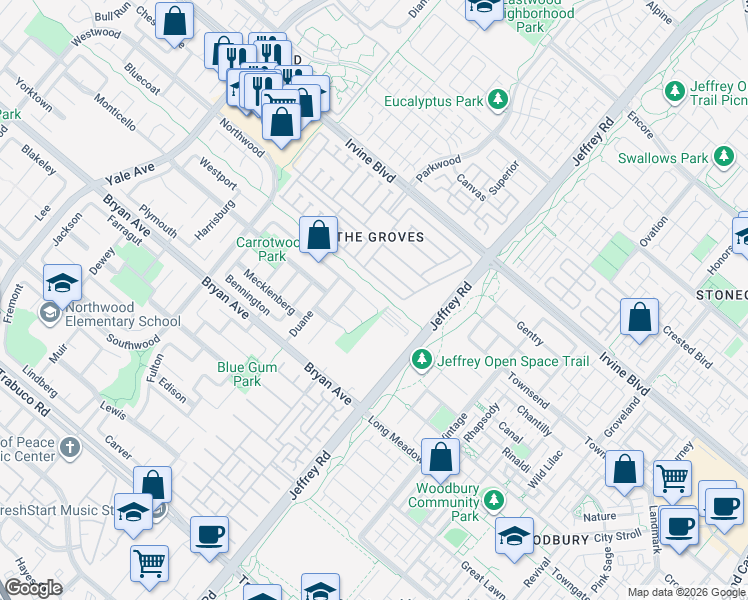 map of restaurants, bars, coffee shops, grocery stores, and more near 14 Cape Cod in Irvine