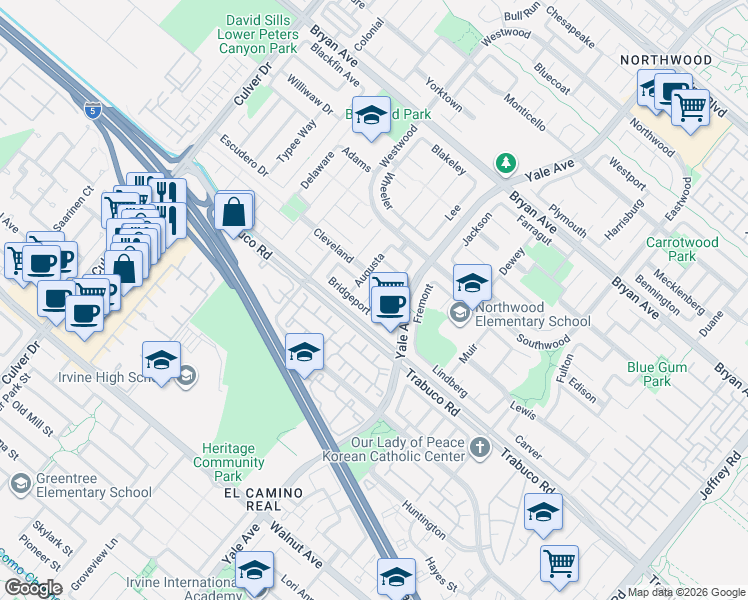 map of restaurants, bars, coffee shops, grocery stores, and more near 43 Augusta in Irvine