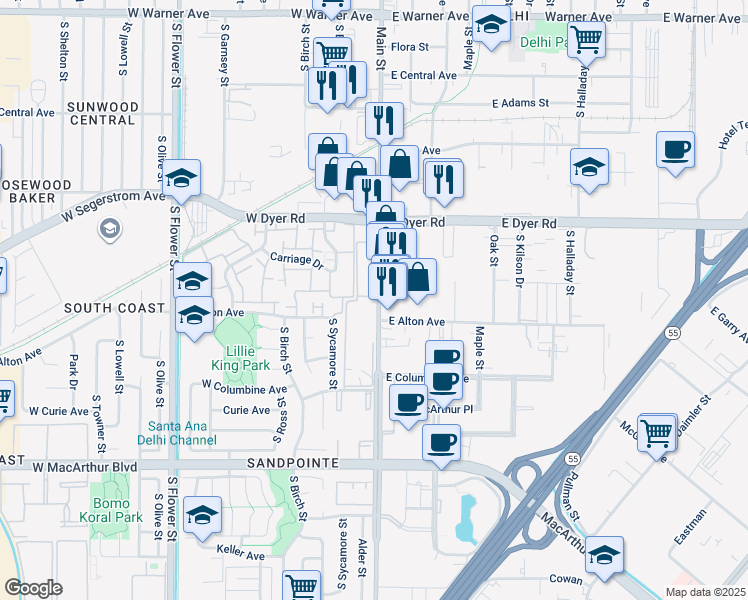 map of restaurants, bars, coffee shops, grocery stores, and more near 3044 South Main Street in Santa Ana