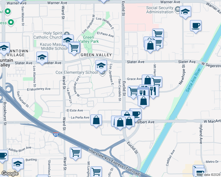 map of restaurants, bars, coffee shops, grocery stores, and more near 10889 El Mar Avenue in Fountain Valley