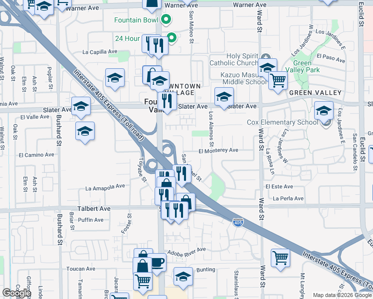 map of restaurants, bars, coffee shops, grocery stores, and more near 17661 San Rafael Street in Fountain Valley