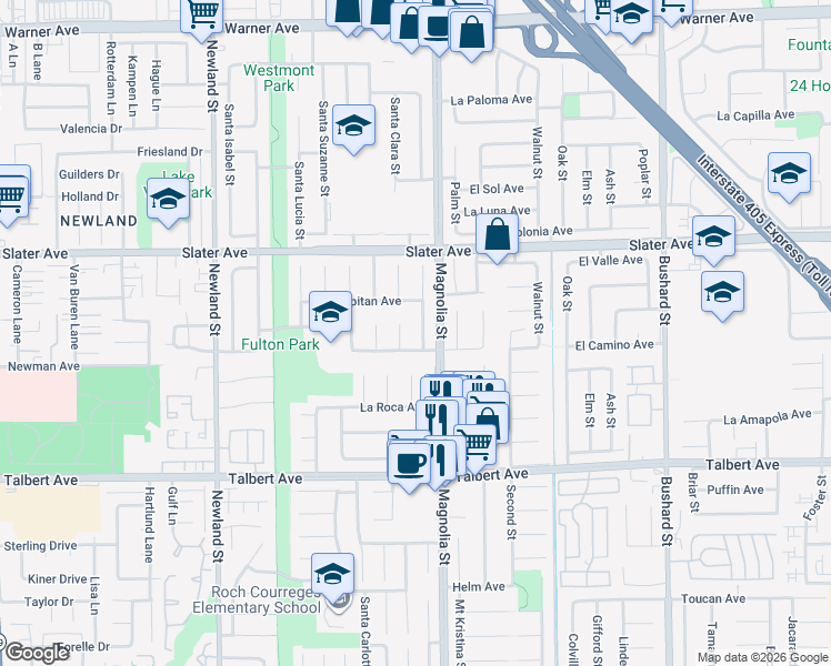 map of restaurants, bars, coffee shops, grocery stores, and more near 17640 Santa Elena Street in Fountain Valley