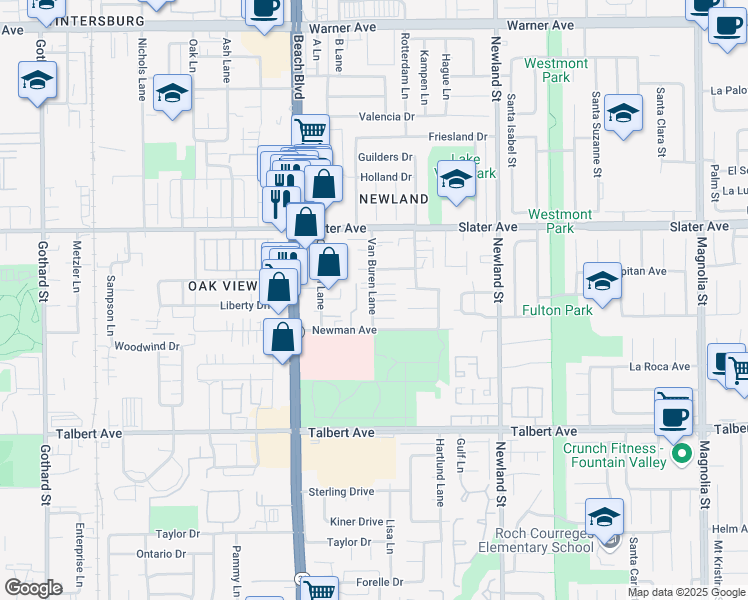 map of restaurants, bars, coffee shops, grocery stores, and more near 17604 Van Buren Lane in Huntington Beach