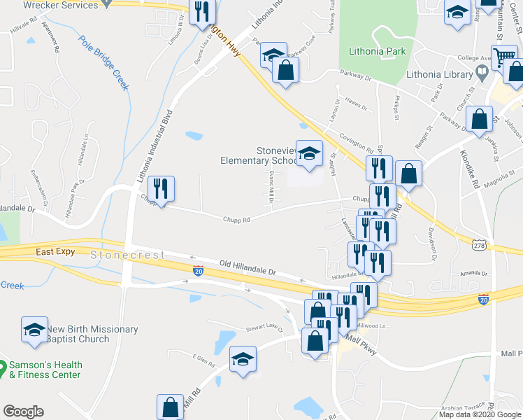 map of restaurants, bars, coffee shops, grocery stores, and more near 2747 Evans Mill Drive in Lithonia