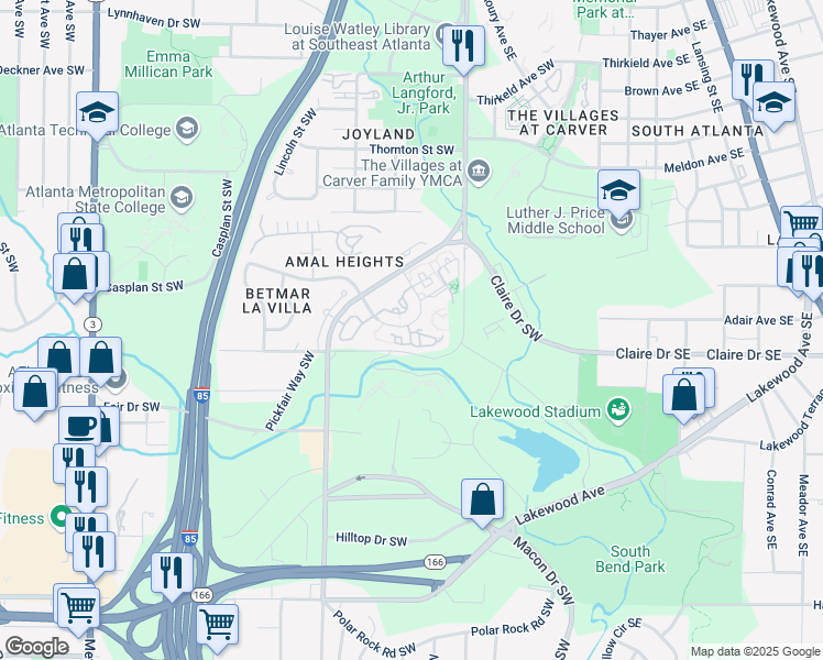 map of restaurants, bars, coffee shops, grocery stores, and more near 3001 Amal Drive Southwest in Atlanta
