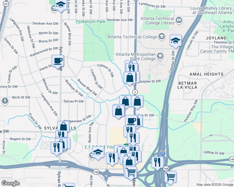 map of restaurants, bars, coffee shops, grocery stores, and more near 1783 Cahoon Street Southwest in Atlanta