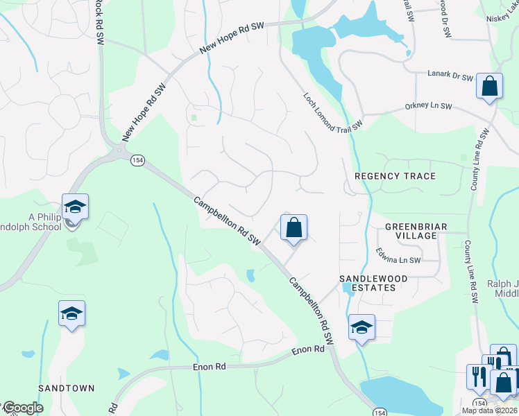 map of restaurants, bars, coffee shops, grocery stores, and more near 645 Birchberry Terrace Southwest in Atlanta