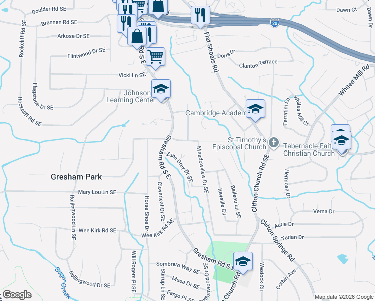 map of restaurants, bars, coffee shops, grocery stores, and more near 2061 Parker Ranch Road Southeast in Atlanta