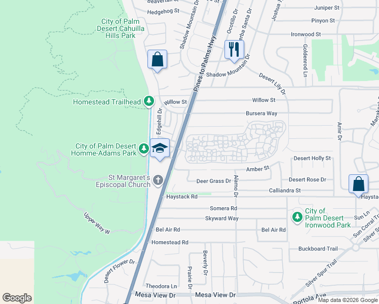 map of restaurants, bars, coffee shops, grocery stores, and more near 72738 Tony Trabert Lane in Palm Desert