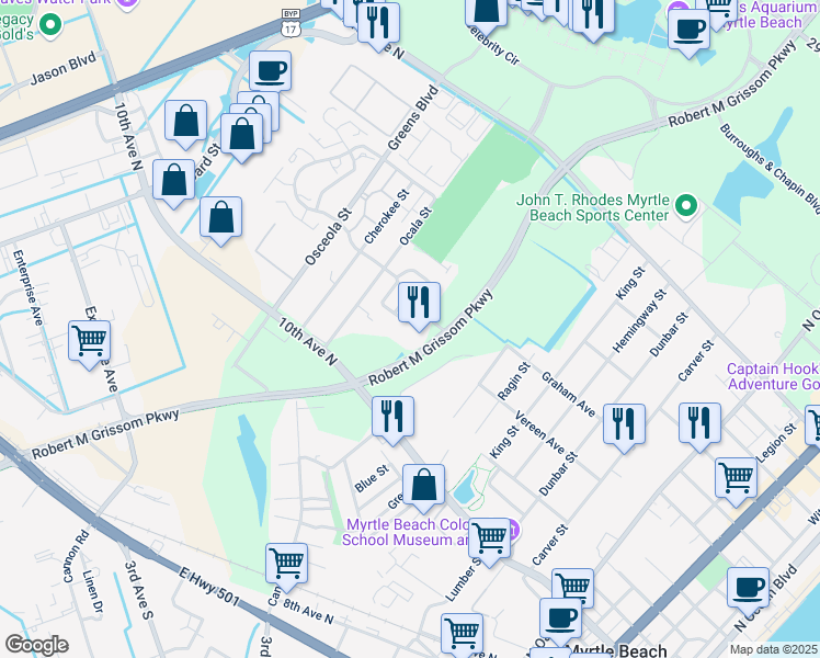 map of restaurants, bars, coffee shops, grocery stores, and more near 1210 Brown Pelican Drive in Myrtle Beach