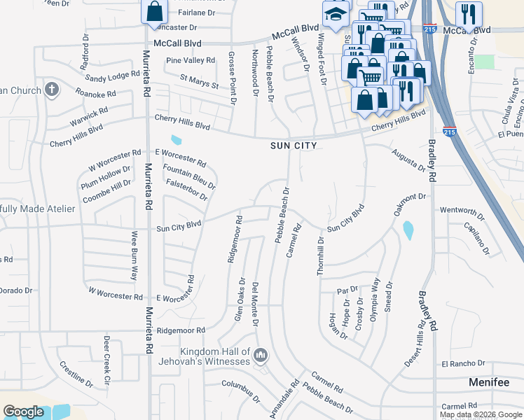 map of restaurants, bars, coffee shops, grocery stores, and more near 26437 Sun City Boulevard in Menifee