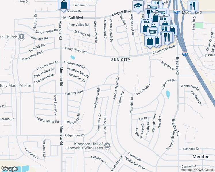 map of restaurants, bars, coffee shops, grocery stores, and more near 26437 Sun City Boulevard in Menifee