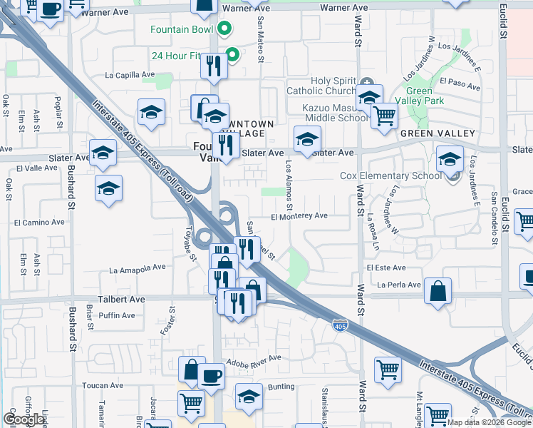 map of restaurants, bars, coffee shops, grocery stores, and more near 17698 San Simeon Street in Fountain Valley