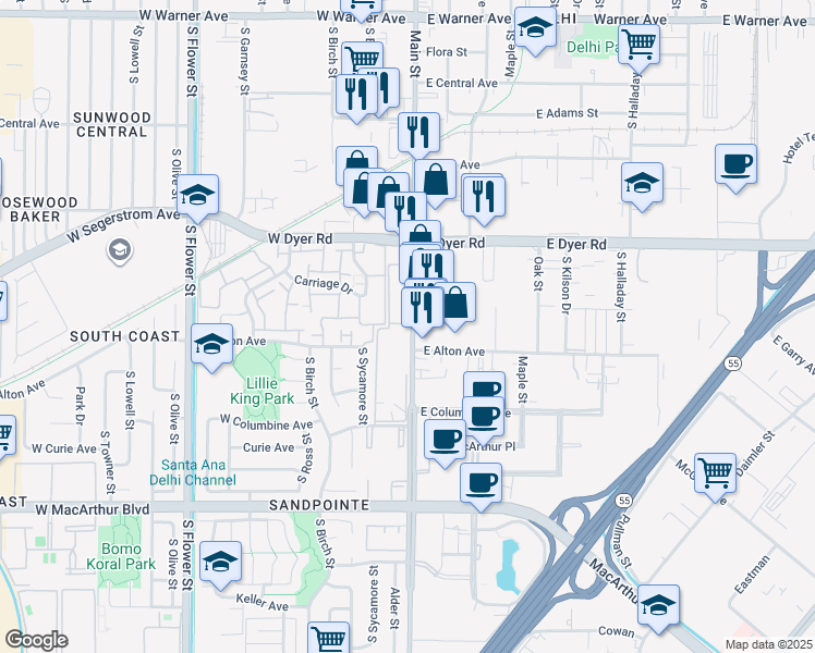 map of restaurants, bars, coffee shops, grocery stores, and more near 3044 South Main Street in Santa Ana