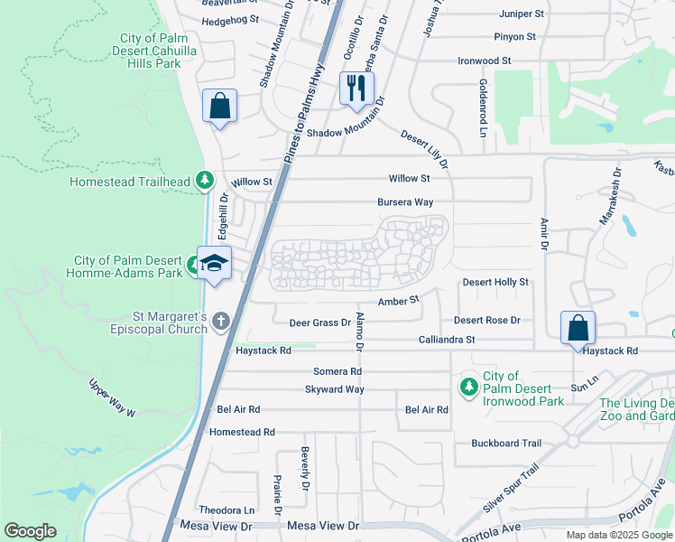 map of restaurants, bars, coffee shops, grocery stores, and more near 72948 Ken Rosewall Lane in Palm Desert