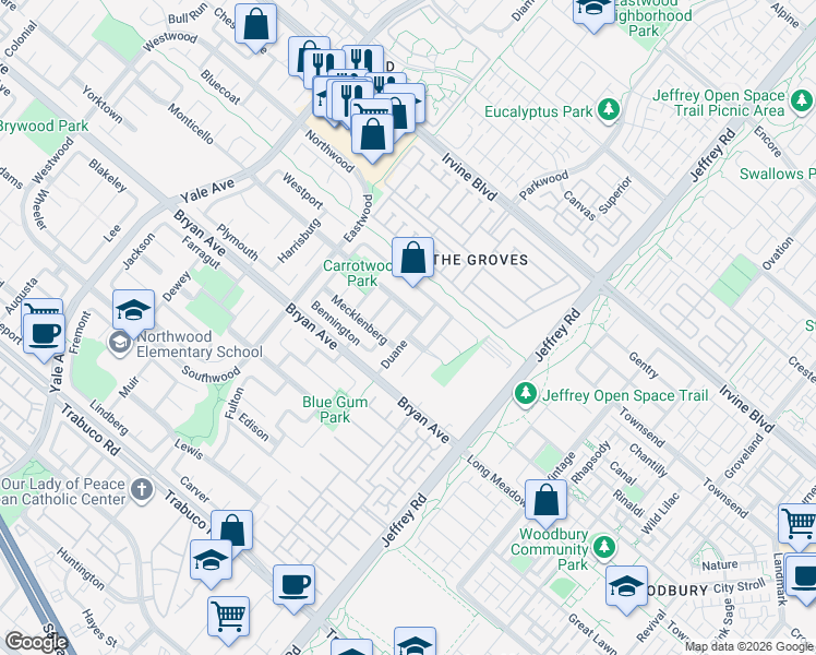 map of restaurants, bars, coffee shops, grocery stores, and more near 6 Duane in Irvine