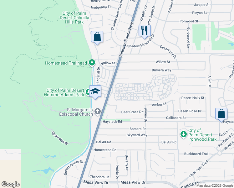 map of restaurants, bars, coffee shops, grocery stores, and more near 72738 Tony Trabert Lane in Palm Desert