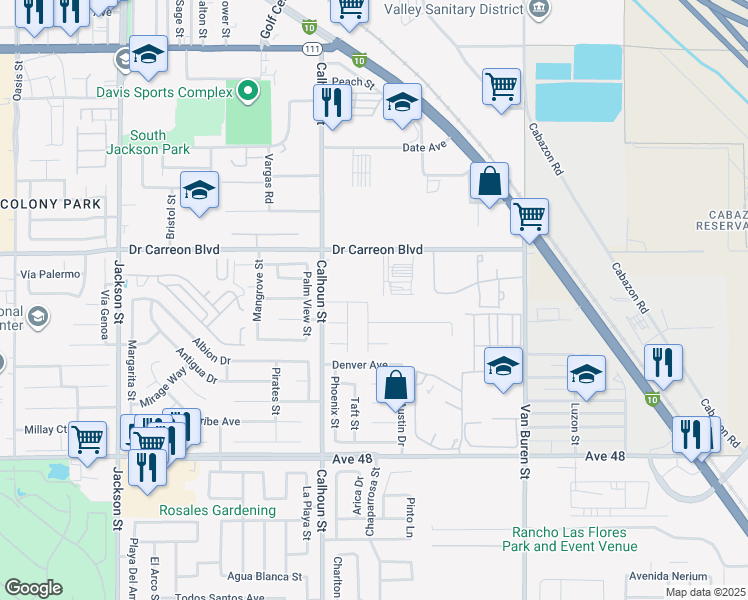 map of restaurants, bars, coffee shops, grocery stores, and more near 83630 Quail Avenue in Indio