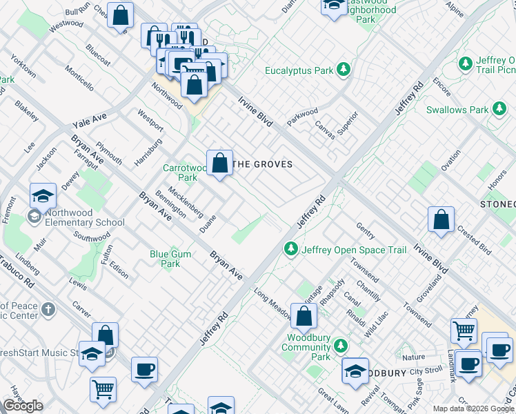 map of restaurants, bars, coffee shops, grocery stores, and more near 14 Cape Cod in Irvine