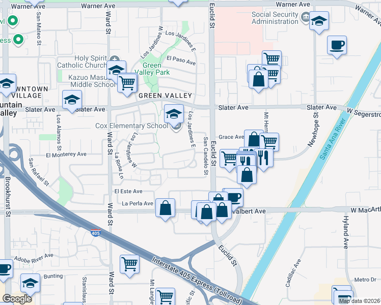 map of restaurants, bars, coffee shops, grocery stores, and more near 10889 El Mar Avenue in Fountain Valley