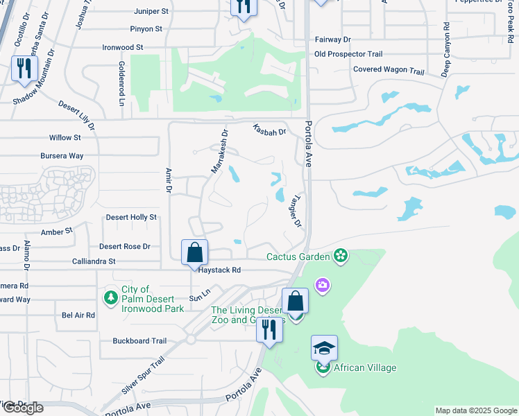 map of restaurants, bars, coffee shops, grocery stores, and more near 47432 Medina Drive West in Palm Desert