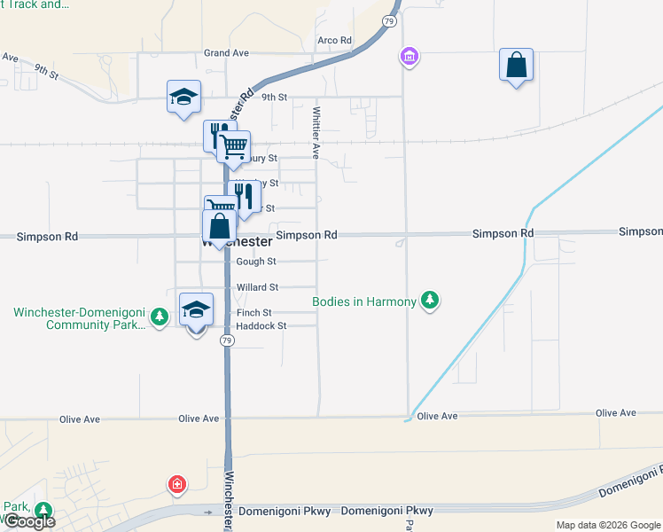 map of restaurants, bars, coffee shops, grocery stores, and more near 28576 Whittier Avenue in Winchester