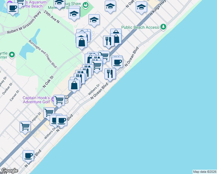map of restaurants, bars, coffee shops, grocery stores, and more near 2800 North Ocean Boulevard in Myrtle Beach