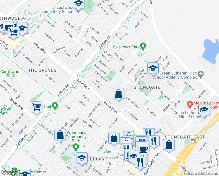 map of restaurants, bars, coffee shops, grocery stores, and more near 167 Overbrook in Irvine