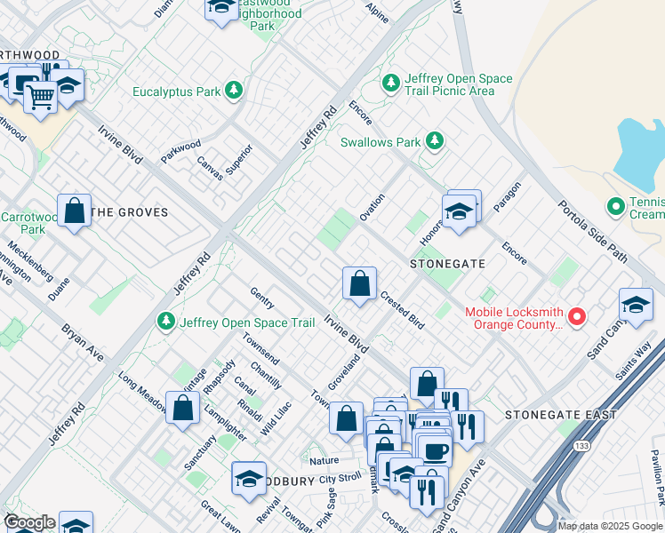 map of restaurants, bars, coffee shops, grocery stores, and more near 167 Overbrook in Irvine