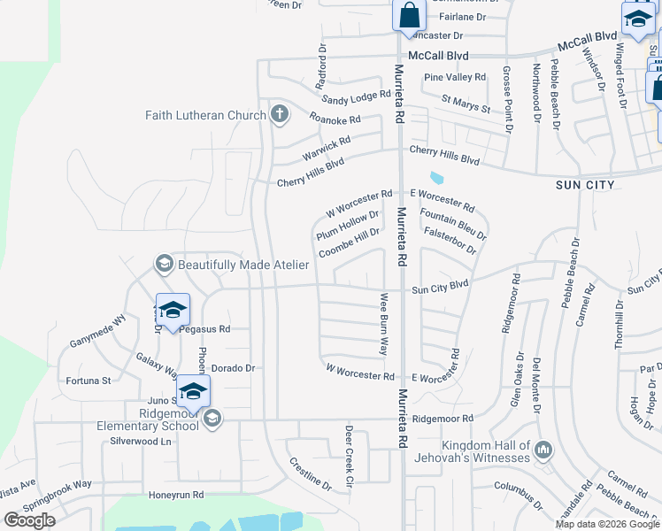 map of restaurants, bars, coffee shops, grocery stores, and more near 25780 Middlebury Way in Menifee