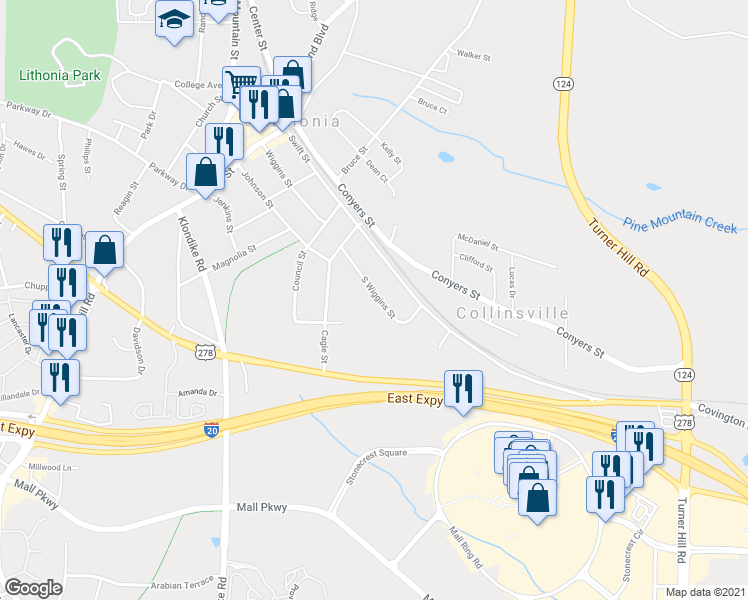 map of restaurants, bars, coffee shops, grocery stores, and more near 2711 South Wiggins Street in Lithonia