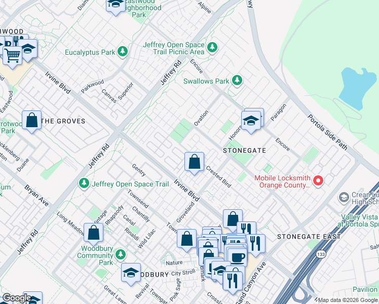 map of restaurants, bars, coffee shops, grocery stores, and more near Crested Bird & Overbrook in Irvine