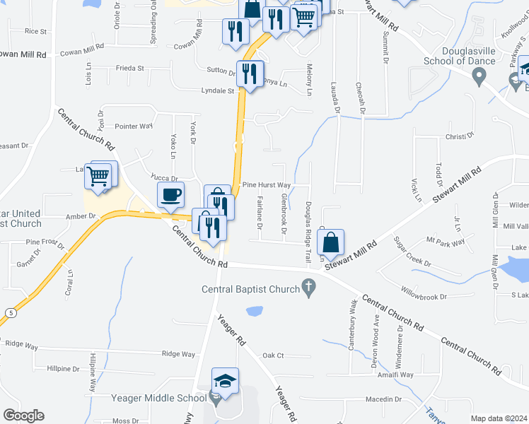 map of restaurants, bars, coffee shops, grocery stores, and more near 3668 Fairlane Drive in Douglasville