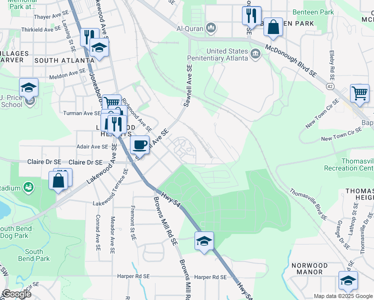 map of restaurants, bars, coffee shops, grocery stores, and more near 1770 Richmond Avenue Southeast in Atlanta