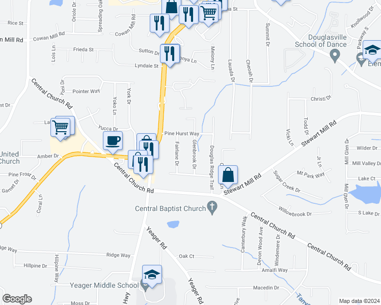 map of restaurants, bars, coffee shops, grocery stores, and more near 3665 Glenbrook Drive in Douglasville