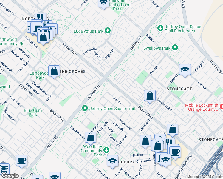map of restaurants, bars, coffee shops, grocery stores, and more near 5516-5564 Irvine Boulevard in Irvine