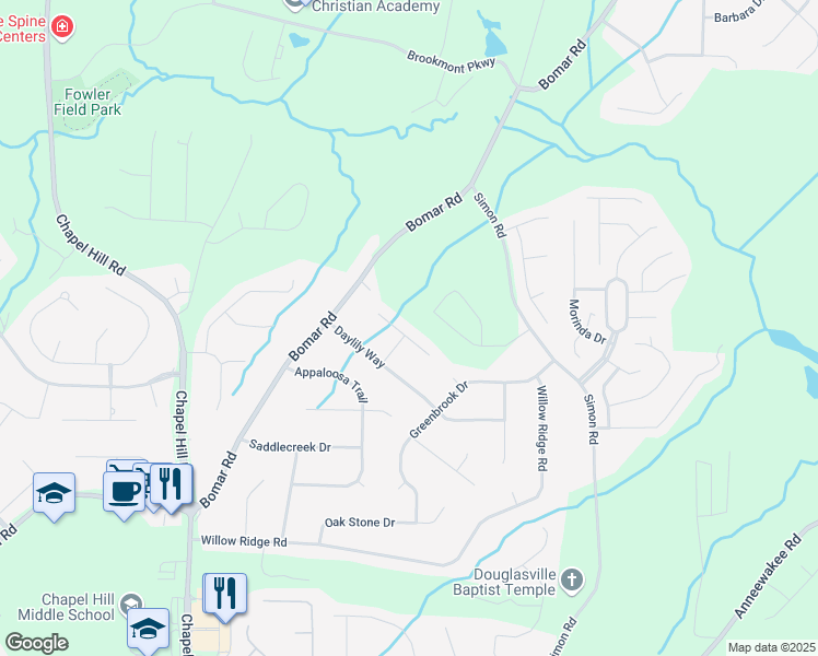 map of restaurants, bars, coffee shops, grocery stores, and more near 3876 Welham Green Court in Douglasville