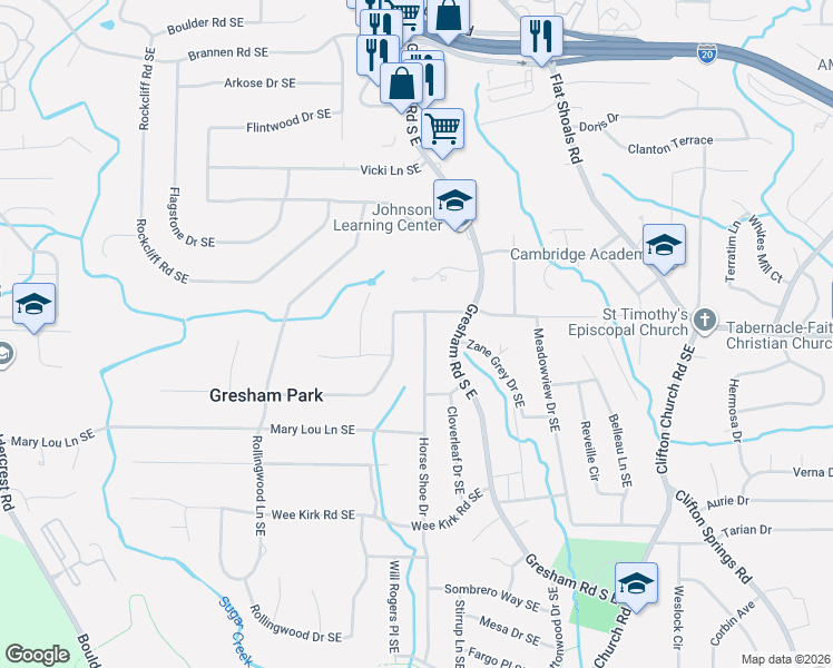 map of restaurants, bars, coffee shops, grocery stores, and more near 2015 Boulderview Drive Southeast in Atlanta
