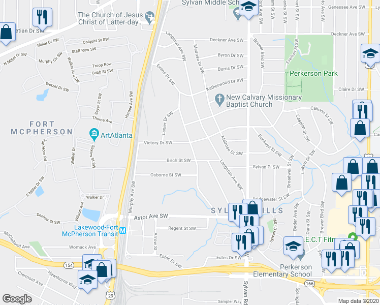 map of restaurants, bars, coffee shops, grocery stores, and more near 1791 Evans Drive Southwest in Atlanta