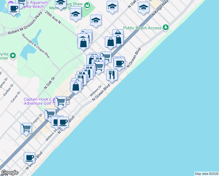 map of restaurants, bars, coffee shops, grocery stores, and more near 2610 Ocean Boulevard in Myrtle Beach