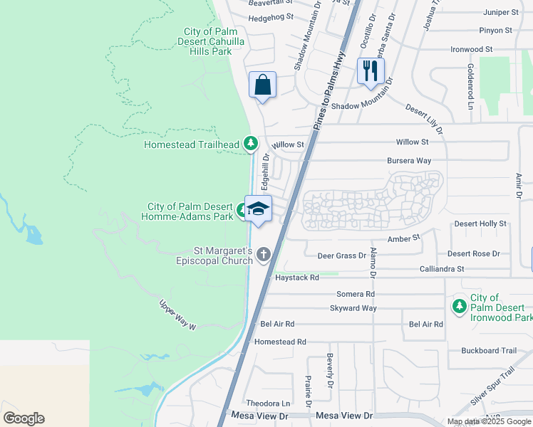 map of restaurants, bars, coffee shops, grocery stores, and more near 72667 Raven Road in Palm Desert