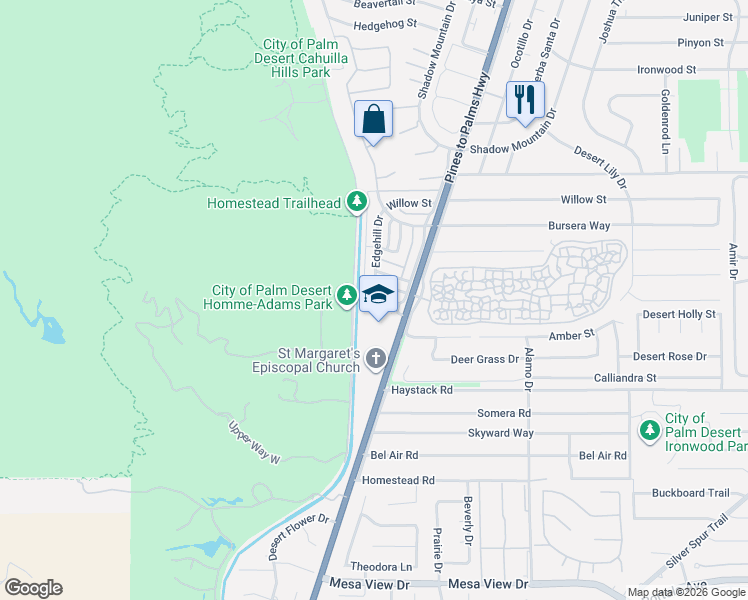 map of restaurants, bars, coffee shops, grocery stores, and more near 72667 Raven Road in Palm Desert