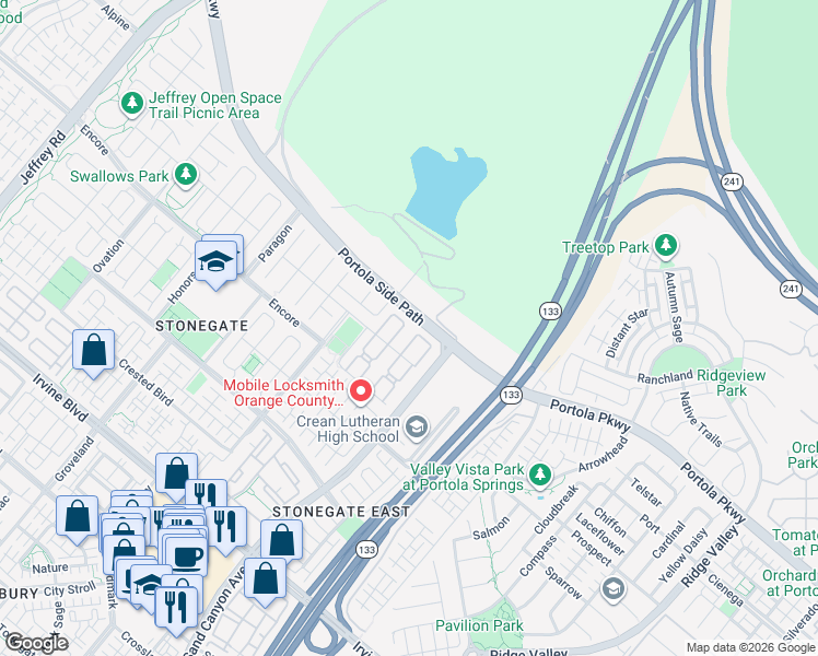 map of restaurants, bars, coffee shops, grocery stores, and more near 222 Bancroft in Irvine