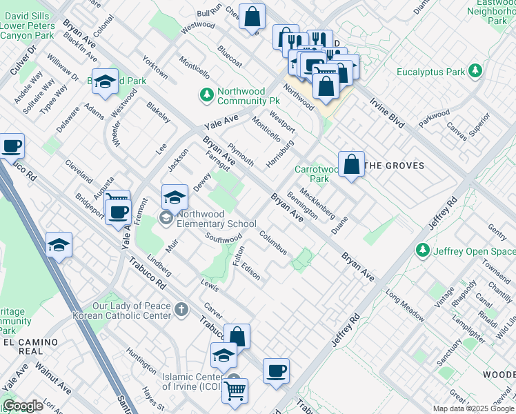 map of restaurants, bars, coffee shops, grocery stores, and more near 20 Longstreet in Irvine
