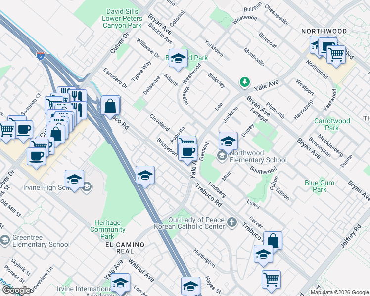 map of restaurants, bars, coffee shops, grocery stores, and more near 33 Potomac in Irvine