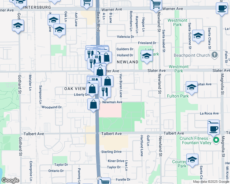map of restaurants, bars, coffee shops, grocery stores, and more near 17641 Sergio Circle in Huntington Beach